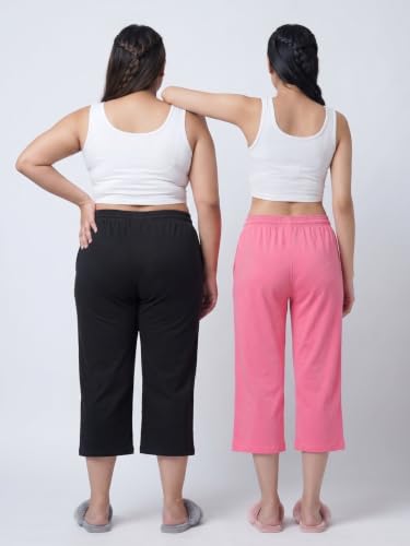 Image of Fflirtygo Women's Cotton Plain Calf Length Capri | Nightwear Short Pyjama | 3 /4th Solid Pyjama Pant | Regular Fit Casual & Lounge Wear Capri Combo (Pack of 2)