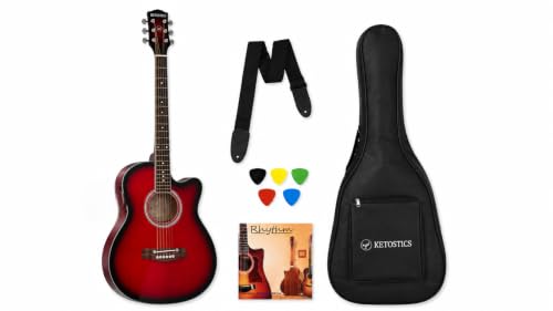 Image of KETOSTICS Acoustic Guitar combo KT-41C,41-inch Cutaway Truss Rod with padded bag,string set,belt and 5 plactrums,rosewood,copper Strings,for Beginners & Intermediate Players Musical Instrument (RED)