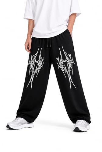 Image of Black Sweatpant with White Tribal Graphic Print, Wide Leg, Drawstring Waist