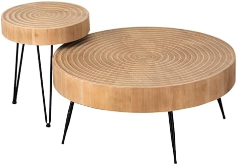 COZAYH 2-Piece Round Nesting Coffee Table Set, Natural Wood Top with Black Metal Legs, Ring Pattern – Rustic Farmhouse Accent for Living Room or Bedroom – Space-Saving Modern Furniture
