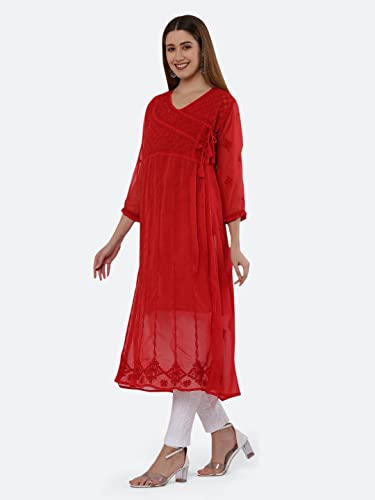 Image of FAWOMENT Ethnic Designer Angarkha A-Line Georgette Kurta with Exclusive Hand Embroidered Lucknowi Chikankari for Women