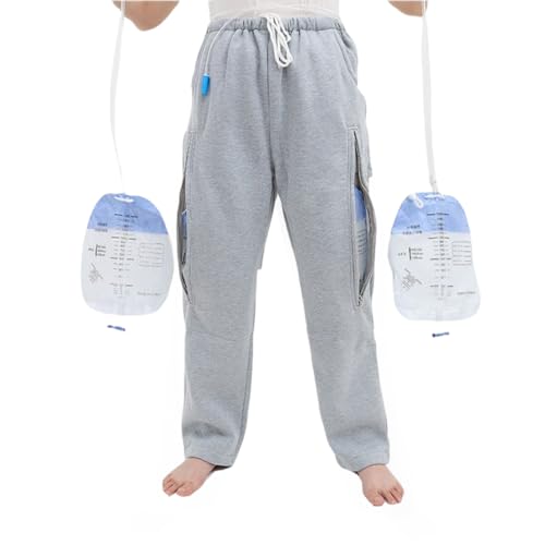 YingXue Catheter Pants for Men/Women Urine Leg Bag Holder Pants with Dual Zippered Pockets Holding Two 2000 ml Foley Catheter Bags for Nephrostomy Cystostomy(Grey-2XL)