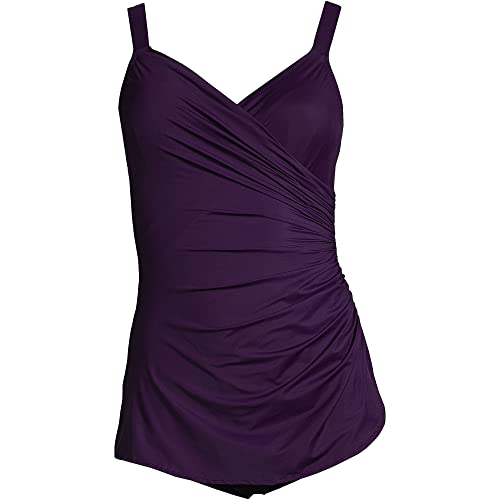 Lands' End Womens Slender V-Neck Tunic One Piece Swimsuit Blackberry Long Torso 16 #TOP22