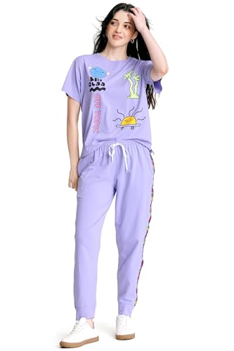 Image of ZEYO Night Suit for Women's Typography Printed Cotton Night Dress of Top and Joggers
