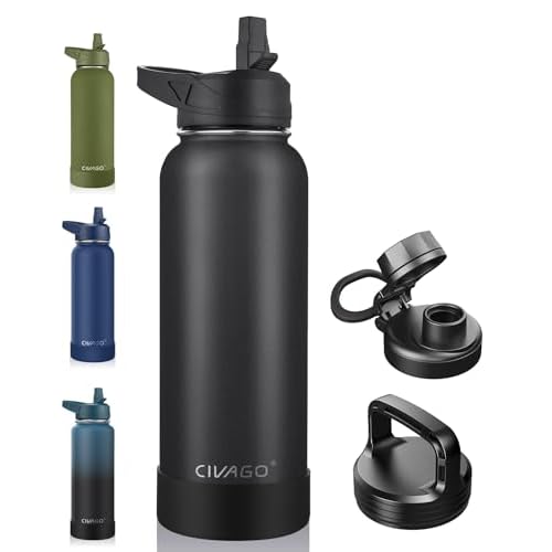 CIVAGO 40 oz Insulated Water Bottle With Straw, Stainless Steel Sports Water Cup Flask with 3 Lids (Straw, Spout and Handle Lid), Double Walled Travel Thermal Canteen Mug, Midnight Black