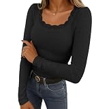 Camiseta Negra Mujer Manga Larga, Manga Lencero Encaje Blanca Jersey Tops Negro Camisa Fiesta Lentejuelas Blusa Lentejuelas Mujer, Larga Elegantes Lencera Blusas Transparente Top, L