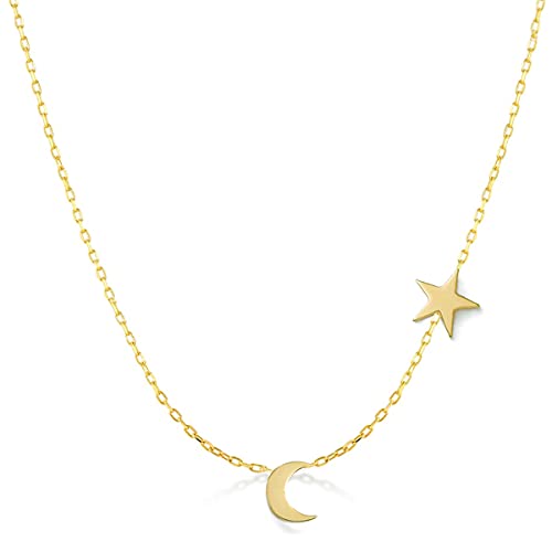 14k Gold Crescent Moon and Star Gold Necklace, Solid Gold Elegant Moon and Star Necklace is a Great Gift For Her.