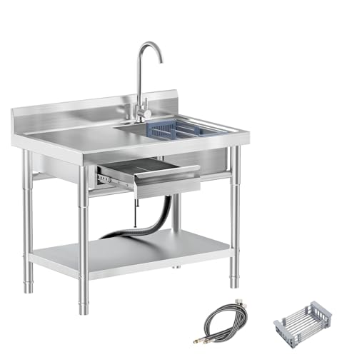 Image of 39''Freestanding Stainless Steel Utility Sink Freestanding Single Bowl Laundry Sink with Hot and Cold Water Plumbing Workbench Drawers for Laundry Room Farmhouse Indoor and Outdoor Sink