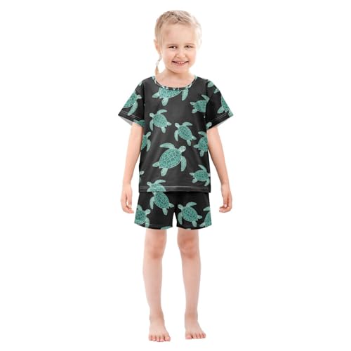 ALAZA Turtle Green Black Cute Pajamas Set Short Sleeve Cotton Sleepwear Summer Pjs 2 Piece 5-14Y3