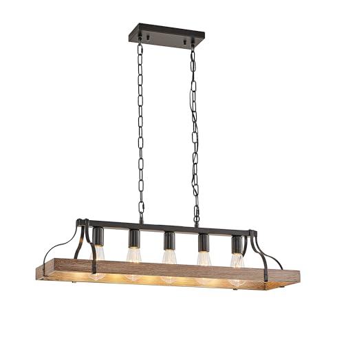 GDFYERD 5-Light Farmhouse Pot Rack Chandelier, Rustic Kitchen Island Lighting, Industrial Linear Light Fixture for Dining Room with Wood Accent, Hanging Ceiling Pan Rack (Walnut)