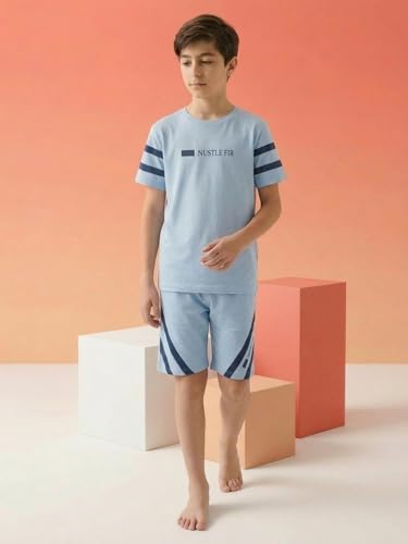 Image of Li'l Tomatoes Boys 100% Cotton Night Suit Set | Half Sleeve T-Shirt & Shorts | Color Block & Typography Print | Soft & Breathable Sleepwear | Casual Summer Wear | 9-16 Years