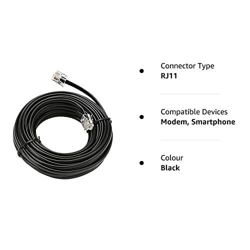 HAKUHO Telephone Line Cord Telephone Extension Cord Rj11 Male To Male Cable Or Landline, Phone, Modem Or Fax Machine (Black, 20 Meter) 2 Pin, 1 Line