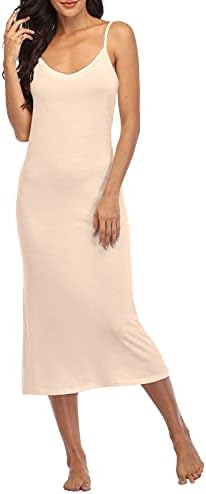 Summienlink Women's Long Full Slip for Under Dresses V Neck Nightgown Sexy Cami Dress (Nude, Large)