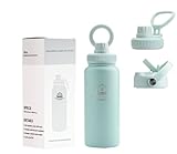 Thermol Insulated Stainless Steel Water Bottle, 32 oz, 3 Lids Set, Magnetic Phone Holder Lid, Sweat Proof, Double Wall Layer, Keeps Liquids Cold for 24 Hours & Hot for 12, Multi-Purpose. (Sky Blue)