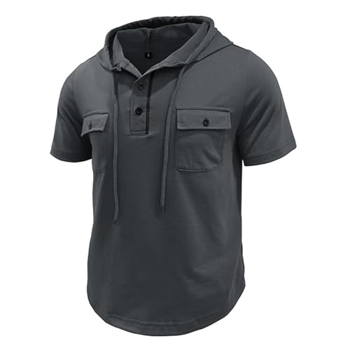 Mens Short Sleeve Hooded T Shirts Casual Drawstring Pullover Hoodies Fashion Lightweight Button Shirts with Pockets3