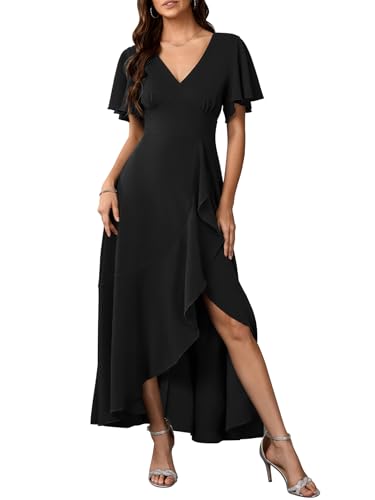 SCOMCHIC Women Wedding Guest Dresses Formal Evening Party Cocktail Short Sleeve V Neck Ruffle Split Flowy Maxi Dress