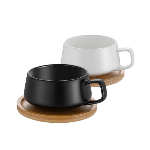 TELANKS Set of 2 Cappuccino Cups with Saucer, 300 ml Coffee Cups, Espresso Cups Made of Stoneware for Tea Coffee, Cappuccino