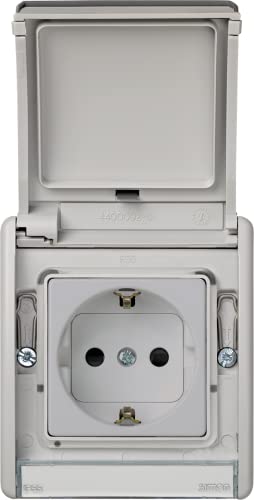 SIMON - Base de Enchufe Exterior, Estanco Toma Schuko, Serie Simon 44 Aqua, 250V 16A, Enchufe de empotrar, Fácil de Instalar, Incluye Caja, Tapa y Mecanismo, Color Gris