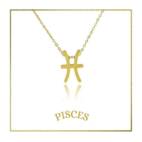 18K Gold Plated Stainless Steel Zodiac Necklace with Gift Box Dainty Horoscope Sign Pendant Jewellery for Women & Men, Birthday, Anniversary, Christmas, Graduation, or Mother’s Day Gift (Pisces)