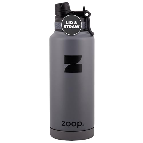 ZoopScoop zoop. Botella de agua aislada de acero inoxidable con tapa deportiva 2 en 1 y pajita, 32 onzas, color gris