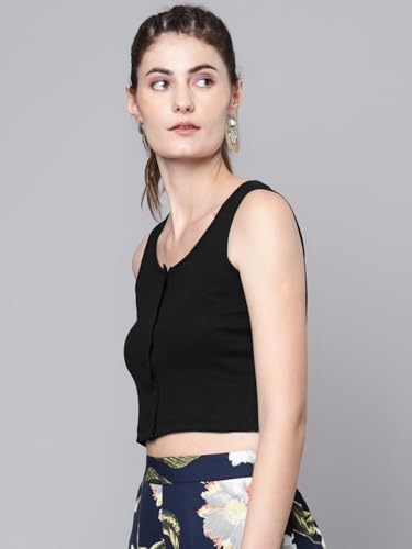Image of SASSAFRAS Black Front Button Sleeveless Rib Crop Top