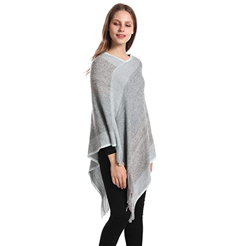 Image of Women's Elegant Knitted Shawl Poncho with Fringed V-Neck Striped Sweater Pullover Cape Gifts for Women Mom