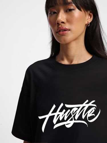 Veirdo® Pure Cotton Round Neck Oversized Baggy Fit Latest Stylish Front & Back Graphic Printed Half Sleeve Boyfriend T-Shirt for Women (Color Options- Black, Orange, Royal Blue & Lilac)