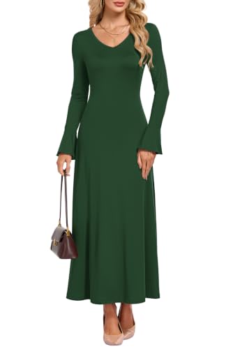 Image of AUSELILY Women Maxi Dress Bodycon Petal Long Sleeve V Neck Dark Green L