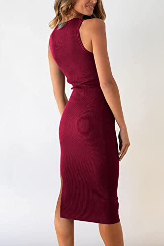 Image of PRETTYGARDEN Women's Summer Midi Bodycon Dresses Casual Crew Neck Side Slit Sleeveless Knit Cut Out Tank Top Dress