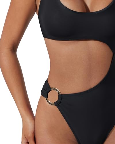 SUUKSESS Women Sexy One Piece Tummy Control Swimsuit Cutout Backless Slimming Swimwear 2025 Cheeky Side O-Ring Bathing Suit (Black,Medium)