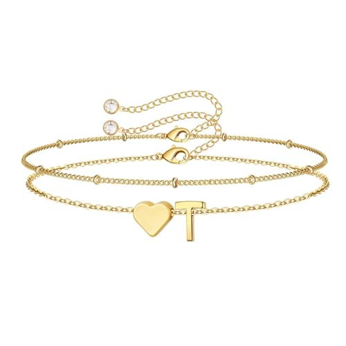 Image of M MOOHAM Easter Basket Stuffers Gifts for Kids Teens Girls - 14K-Gold-Plated Heart Initial A-Z Bracelets for Women Girl Dainty Gold Bracelets Birthday Easter Gifts for Women Teenage Girls Kids Teens