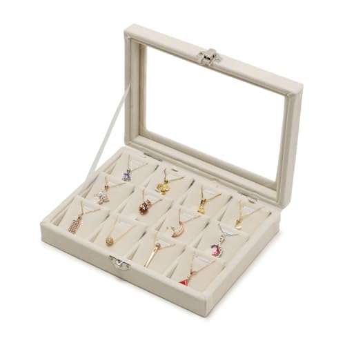 XHMQYC Jewelry Box Necklace Organizer Tray Beige Necklace Display Case for Storage Jewelry Small Necklaces Display Stand 12 Slot Pendant Holder for Women