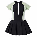 [Teddy] キッズ 水着 女の子 半袖 オールインワン ハーフジップ ラグランスリーブ パッド付き (JP,アルファベット,S(140cm), 標準,ブラック×グリーン) kids558