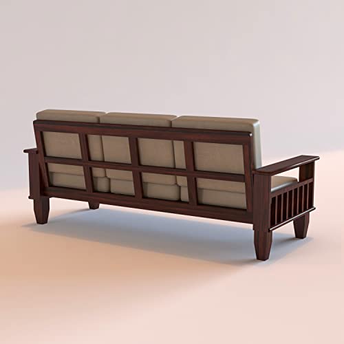 Image of Sheesham Wooden 3 Seater Sofa for Living Room | Rosewood 3 Seater Cushion Sofa with Side Newspaper Holder for Home & Office | Solid Wood Sofa Set for Lounge (-Mahogany)