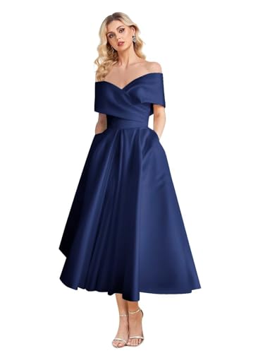 Image of Women's Off Shoulder Wedding Dress for Bride Tea Length A Line Satin Formal Prom Dresses with Pockets