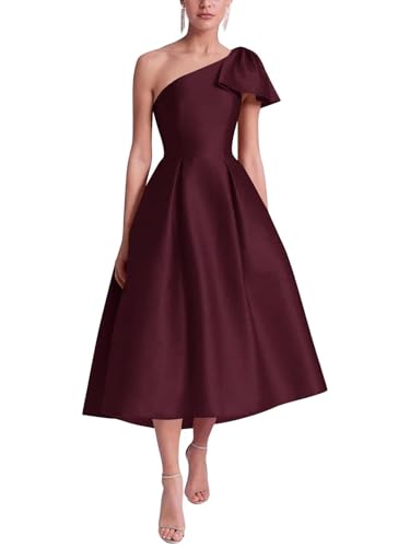Eightale Satin Tea Length Mother of The Bride Dresses with Bow One Shoulder A Line Formal Evening Gown