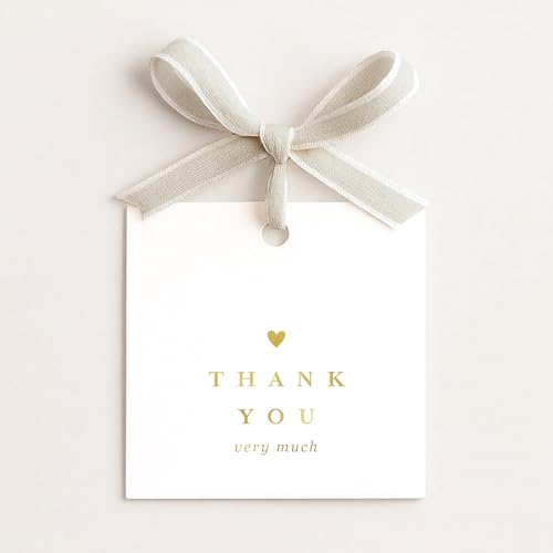 50 Gold Foil Thank You Gift Tags by ThreeKin 2.5 x 2.5 Elegant Pre-Punched Hole Hanging Tags for Gifts & Favors - Perfect for Weddings Baby Showers Parties Holidays Anniversaries Celebrations