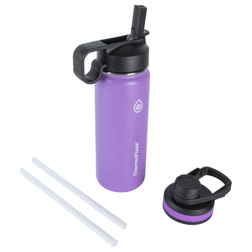 Image of ThermoFlask 18 oz Double Wall Vacuum Insulated Stainless Steel Water Bottle - Reusable with Leakproof Chug & Straw Lids - Keeps Drinks Cold 24 hr /Hot 12 hr - Easy Maintenance - Gym /On-the-Go, Plum