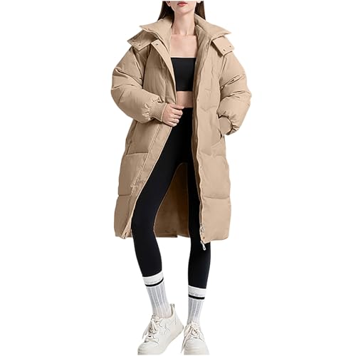 Womens Winter Long Puffer Jacket Hood Full Zip Lightweight down Jackets Casual Loose Warm Outdoor Thermal Padded Coat