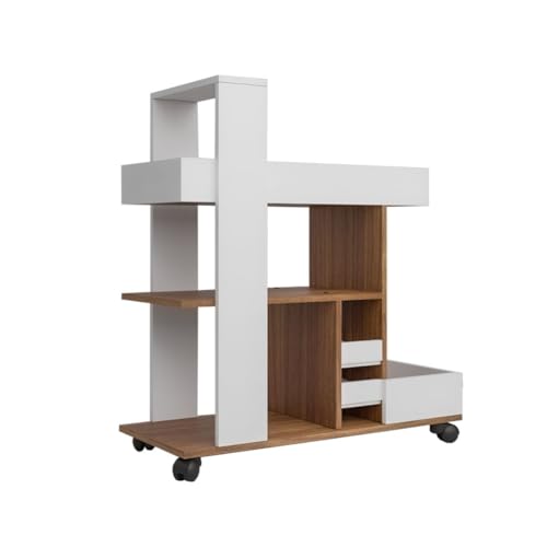 Image of Barista Bar Trolley 3-Tier Engineered Wood Rolling Bar Cart, Wine Serving Cart with Wheels and Seasoning Rack, Ideal for Dining Room Trolley - White and Leon Teak Finish