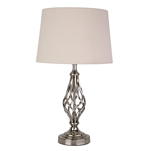 Lighting Supermarket Queenswood Traditional Barley Twist Table Lamp with Natural Linen Drum Shade- Silver Chrome