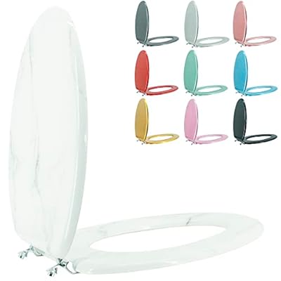 BLOFDE Elongated Toilet Seat Wood Toilet Seat Prevent Shifting with Zinc Alloy Hinges American Standard Size Toilet Seat Easy to Install also Easy to Clean(Elongated,Marble)
