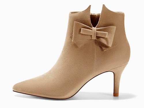 Ermonn Womens Pointed Toe Ankle Boots Stiletto Heels Side Zipper Bow Faux Suede Booties Wedding Dress Shoes4