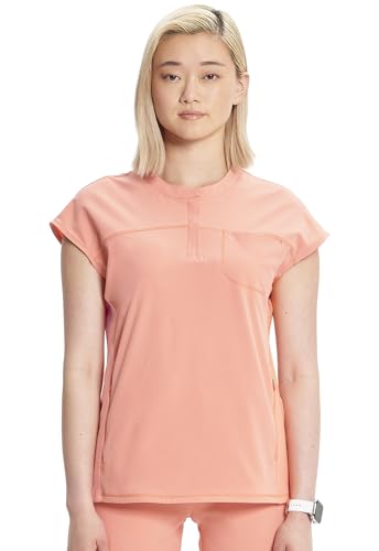 Cherokee Infinity Scrub Top for Women Contemporary Fit Round Neck 3 Pocket with Covered Placket with Partial Zip IN622A, L, Electric Coral