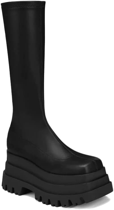 femflame Black Platform Knee High Boots Square Toe Pull-on Stretch Long Boots PU Leather Gothic Punk Motorcyle Boots for Women
