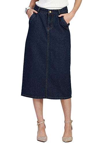 chouyatou Women's Comfy Package Hip A-Line Back Slit Mid-Long Pencil Denim Skirt (38, Dark Blue)