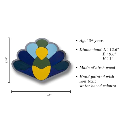 Image of Peacock Wooden Puzzle | Peacock Shaped Tray and 11 Colorful Wooden Shapes to Complete the Puzzle | Enchance Problem Solving, Abstract Thinking and Spatial Awareness | Ages: 3+ Years