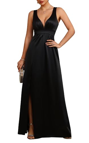 MisShow Women's Elegant V-Neck Long Formal Dress Sleeveless Ruched Cocktail Party Evening Prom Dresses with Slit4