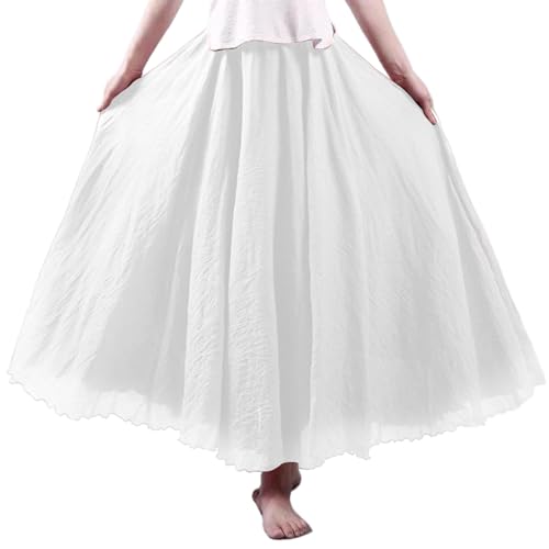 Linen Maxi Skirt White Bohemian Long Skirt with Pleats A-Line Double Layer Summer Elastic Waist 33.5 in Long Flowy Beach Maxi Dress for Women, Girl, Linen Skirts for Women2