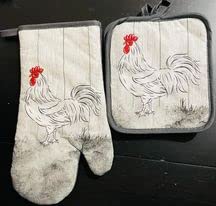 Rooster Themed Kitchen Towel Set with 2 Quilted Pot Holders, 2 Dish Towels and 1 Oven Mitt
